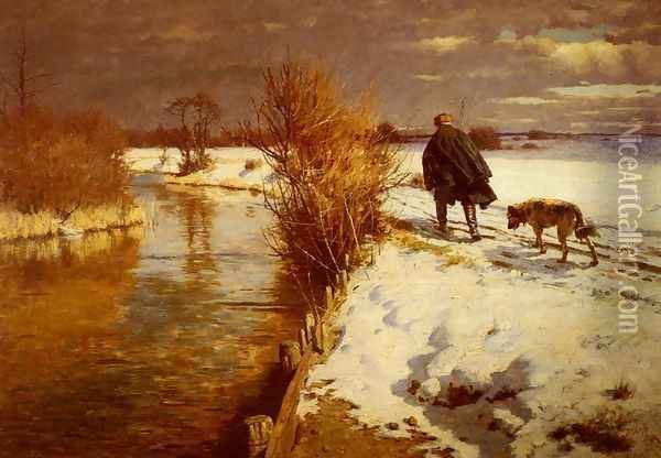 A Hunter In A Winter Landscape Oil Painting - Hermann Hartwick