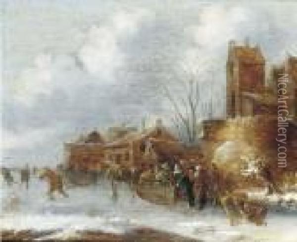 A Winter Landscape With Figures On A Frozen Canal Oil Painting - Claes Molenaar (see Molenaer)