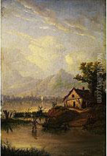 Uferlandschaft An Einem Bayerischen See Oil Painting - Ludwig Skell