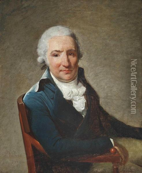 Portrait Of A Gentleman, 
Half-length, In A Blue Coat And White Cravat, Seated In An Interior Oil Painting - Henri Pierre Danloux
