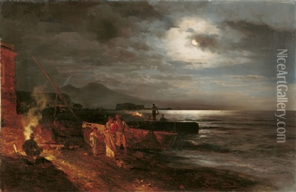 Die Bucht Von Neapel Im Mondlicht Oil Painting - Oswald Achenbach