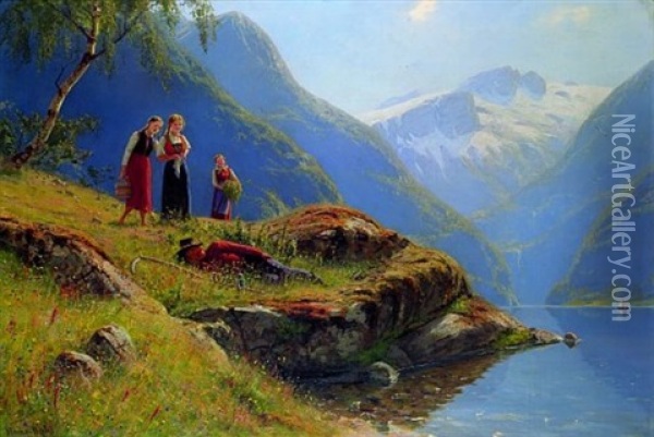 Der Lauschende Schafer Oil Painting - Hans Dahl