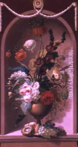 Still Life With Roses And Other Flowers In A Vase In A Niche Oil Painting - Adele Riche
