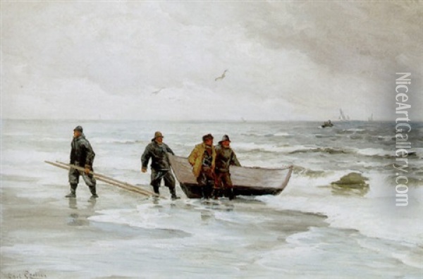 Fiskere Og Optrukken Bad Pa Stranden, I Horisonten Sejlskibe Oil Painting - Carl Ludvig Thilson Locher