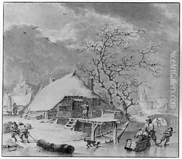 Winter Figures on the Ice near a House, a church beyond Oil Painting - Henri Meyer
