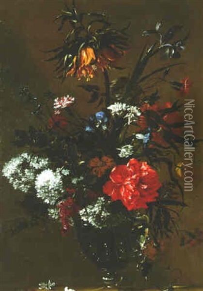 Natures Mortes Aux Compositions Florales Dans Des Vases Sur Des Entablements Oil Painting - Nicolas Baudesson
