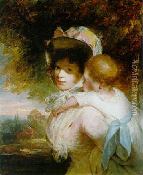 Portrait Of A Lady With Her Daughter Before A Landscape Oil Painting - Sir John Hoppner