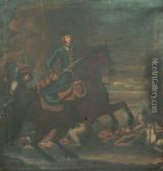 An Equestrian Portrait Of King Karl Xii Of Sweden On A Battlefield Oil Painting - David von Krafft