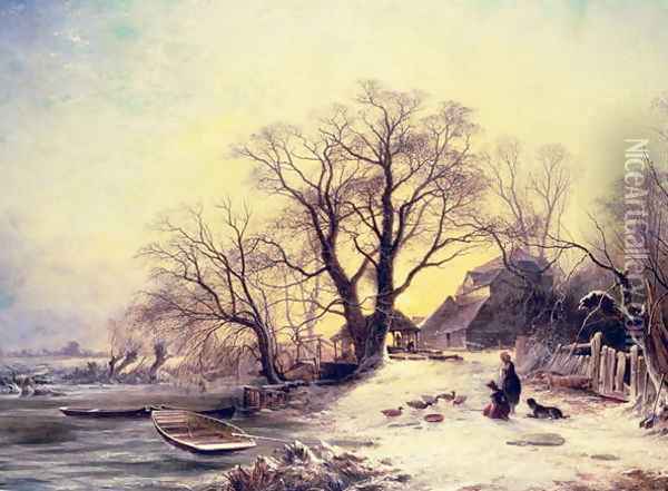 Figures outside a cottage in winter Oil Painting - Gustaf Fredrik Rydberg