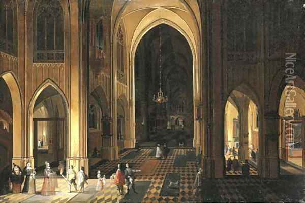 The interior of a Gothic church with figures at night Oil Painting - Pieter the Younger Neefs
