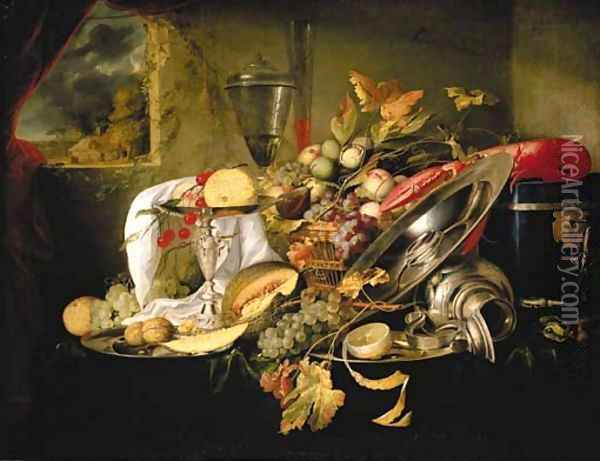 A silver tazza and a basket laden with fruit, silver platters with fruit and a partly peeled lemon, an overturned silver flagon Oil Painting - Jan Jansz de Heem