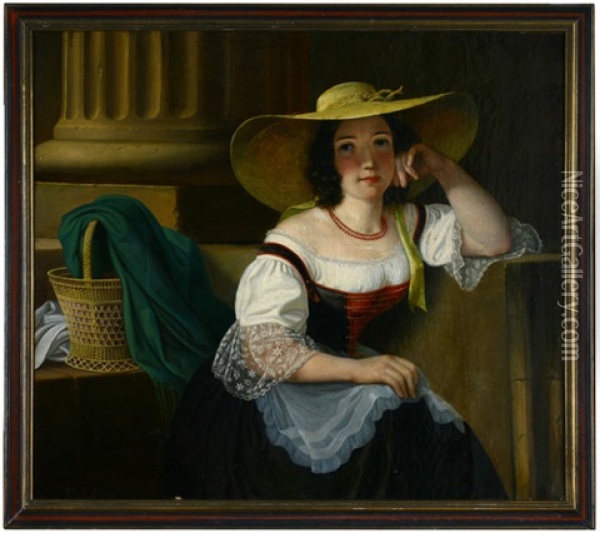 Sitzende Dame Mit Sonnenhut Vor Kanneliertem Saulenschaft Oil Painting - Jozsef Borsos