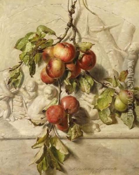 Still Life With Apples In Front Of A Relief Oil Painting - Adriana-Johanna Haanen