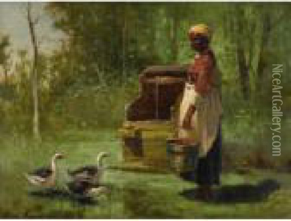 Well And Ducks Oil Painting - Edward Moran