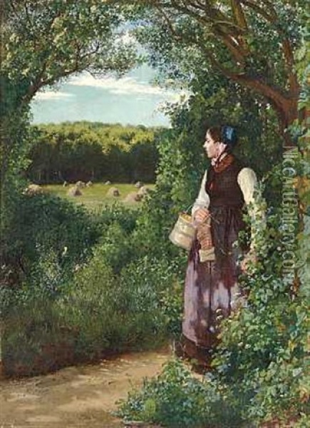 En Ung Pige Med Sit Strikketoj I Et Sommerlandskab Oil Painting - Vilhelmine Marie Bang