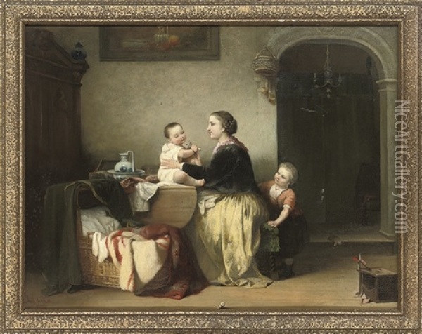 A Mother And Her Children Playing In An Interior Oil Painting - Anthony De Vries