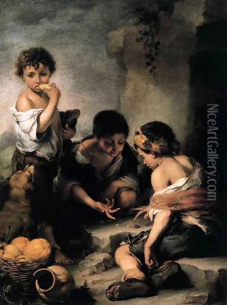 Young Boys Playing Dice c. 1675 Oil Painting - Bartolome Esteban Murillo