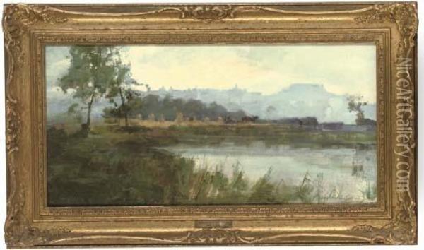 Corn Stooks Along A River Bank, A Castle Beyond Oil Painting - Archibald Kay