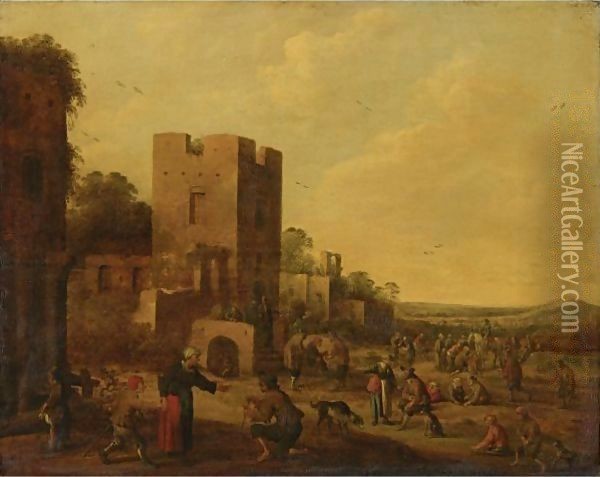 Landscape With Peasants Gathered Before Ruins Oil Painting - Joost Cornelisz. Droochsloot
