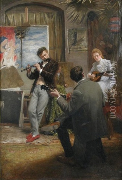 Musicians At Play In An Artist's Studio Oil Painting - Carl Welz