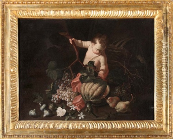 Natura Morta Con Frutta E Putto (collab. W/antonio Mercurio Amorosi) Oil Painting - Christian Berentz