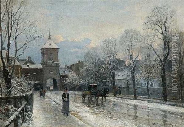 Winterliche Strasenszene In Giesing Oil Painting - Anders Andersen-Lundby