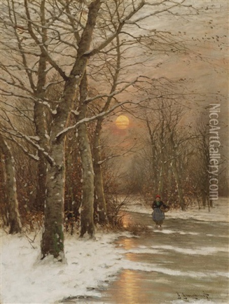Winter Landscape In The Evening Light Oil Painting - Johann Jungblut