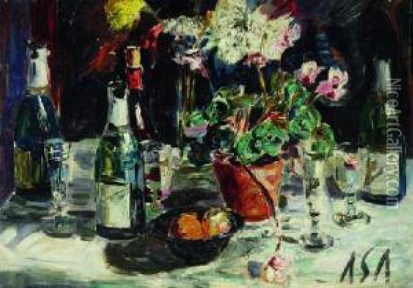 Tisch Mit Flaschen, Glasern Und Topfblume Oil Painting - Albert Schiestl-Arding