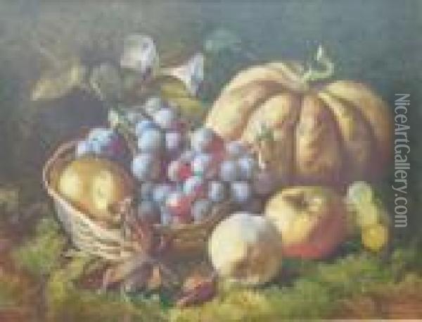 A Still Life With Grapes , Apples And Melon On A Mossy Bank Oil Painting - William Henry Hunt
