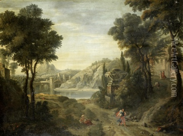 Travellers In A Classical Landscape Oil Painting - Peter (Pieter Andreas) Rysbrack