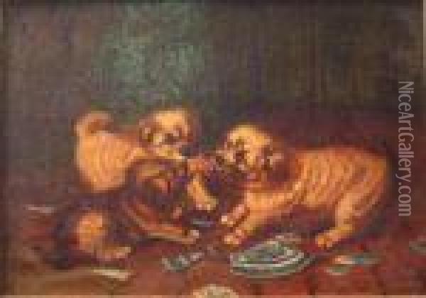 Threedogs Fighting Over Food Oil Painting - John Emms