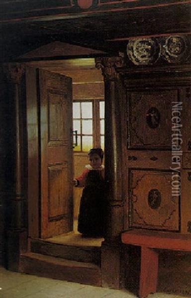 A Little Girl In A Doorway Oil Painting - Johann Julius Exner