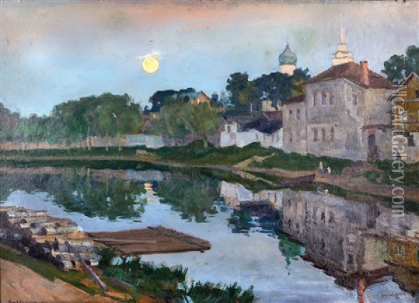 Moonlit Scene Of Pskov On The Velikaya River Oil Painting - Arnold Borisovich Lakhovsky