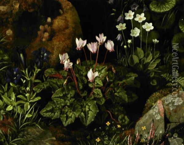 Blomstrende Skovbund Med Alpevioler Og Lyng Oil Painting - Otto Didrik Ottesen