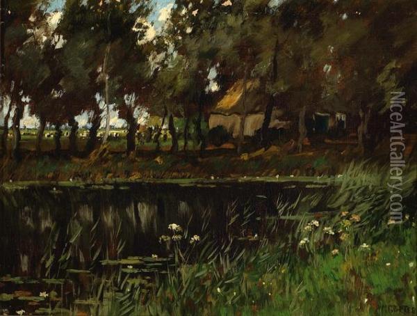 View Of A Fen With In The Background A House Situated Amongst Trees Oil Painting - Arnold Marc Gorter