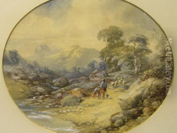 Two Shepherds With Their Charges And Dog In A Pastoral Scene, Watercolour With Heightening, 19th Century, 25 X 30 Cm 250-300 Oil Painting - John Holding
