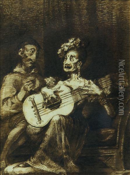 Mujer Con Guitarra Oil Painting - Leonardo Alenza Y Nieto