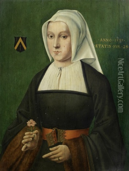 Portrait Of A Lady Of The Chaulnes Family, Half-length, In A Black Dress And White Bonnet, Holding A Carnation Oil Painting - Bartholomaeus Bruyn the Elder