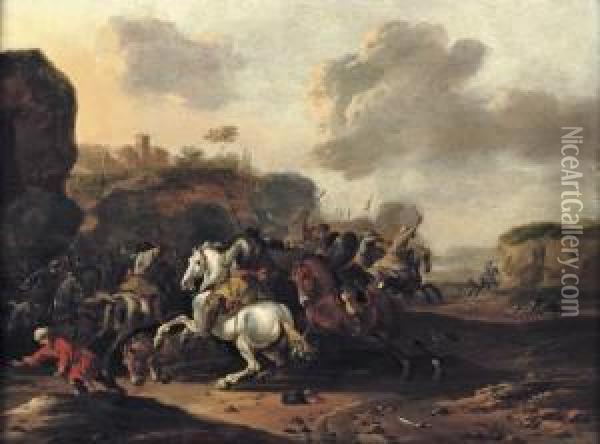 A Cavalry Skirmish In A Rocky Italianate Landscape Oil Painting - Jan Jacobsz Van Der Croos