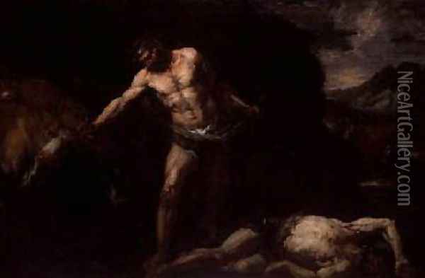Hercules slays the giant Cacus and steals back the cattle of Geryon Oil Painting - Giambattista Langetti