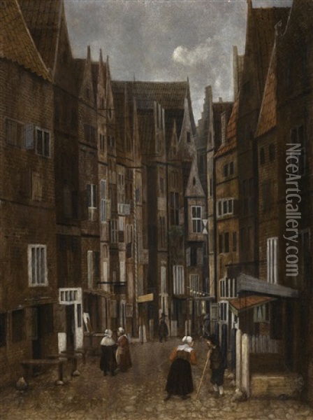 A Cobbled Street In A Town With People Conversing Oil Painting - Jacobus Vrel