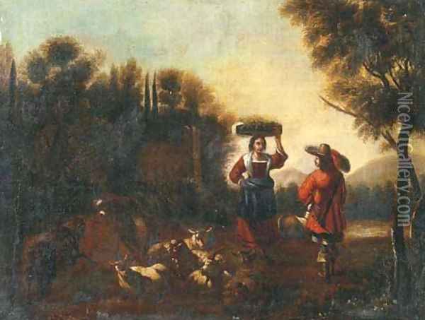 An Italianate landscape with a peasant woman conversing with a soldier by a ruin Oil Painting - Philipp Peter Roos