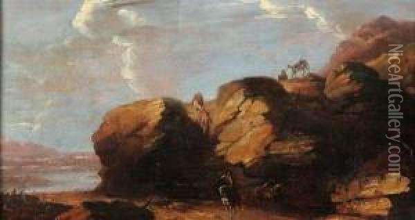 Attributed To Johann Christian Brand , Travelers In A Rocky Landscape Oil Painting - Johann Christian Brand