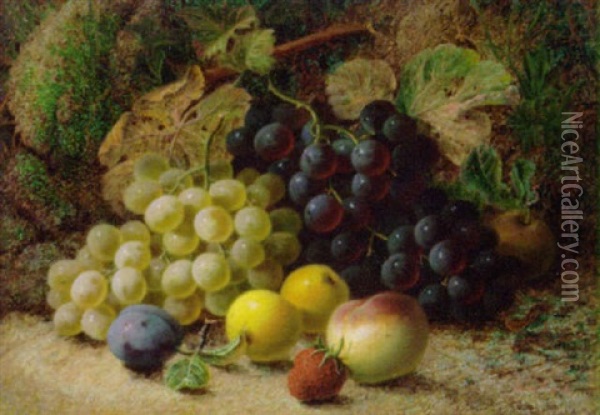 Grapes, Apples, A Plum, A Peach And A Strawberry On A Mossy Bank Oil Painting - Oliver Clare