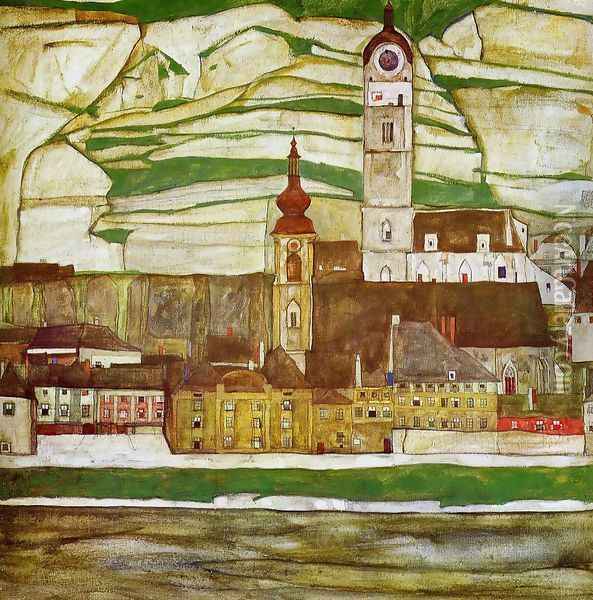 Stein On The Danube With Terraced Vineyards Oil Painting - Egon Schiele