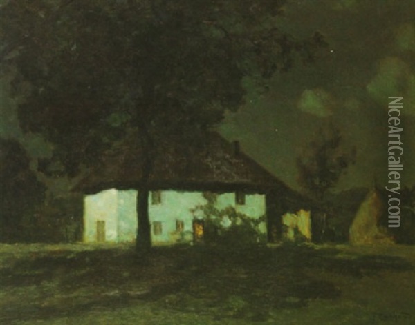 A Moonlit Scene With A Farm House And A Haystack Beyond Oil Painting - Francois Charles Cachoud