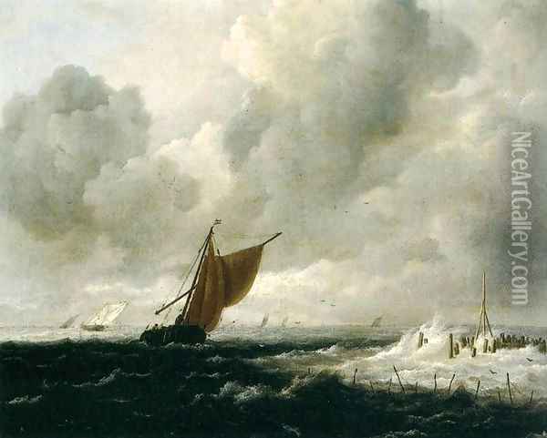Stormy Sea with Sailing Boats Oil Painting - Jacob Van Ruisdael