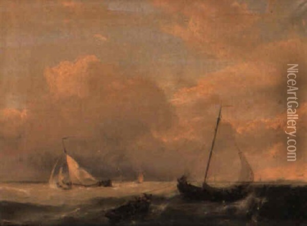 Dutch Barges In A Stormy Estuary Oil Painting - Johannes Hermanus Koekkoek