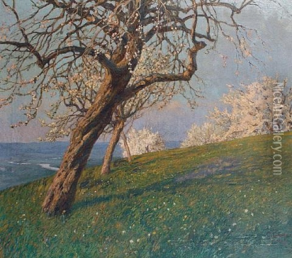 A Hillside View With Trees In Full Bloom Oil Painting - Carl Goedel