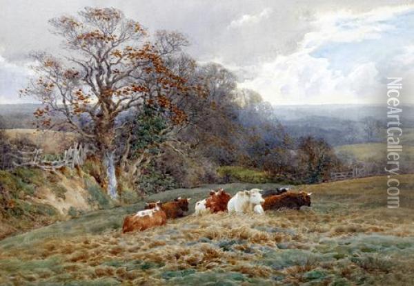 Autumn Landscape With Horse, Cart And Sheep On A Stone Bridge, And Another Of Cattle Seated Before A Landscape Oil Painting - Charles James Adams
